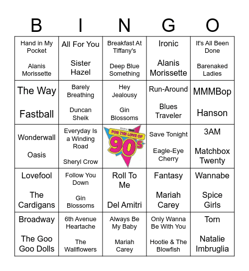 90's Pop Bingo Card