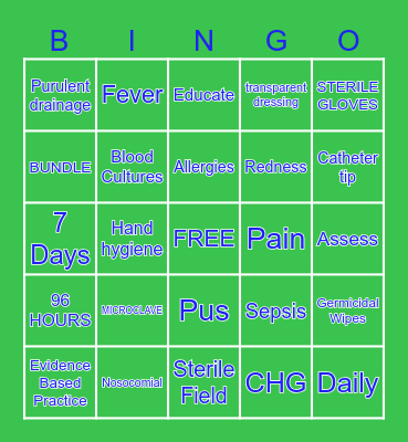 CLABSI SIGNS, SYMPTOMS & PREVENTION Bingo Card