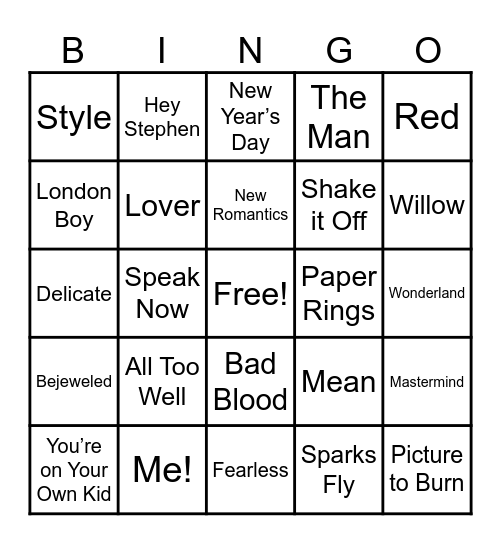 Music Bingo Taylor's Version Round #4 Bingo Card