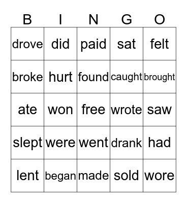 Ireregular Verbs Bingo Card
