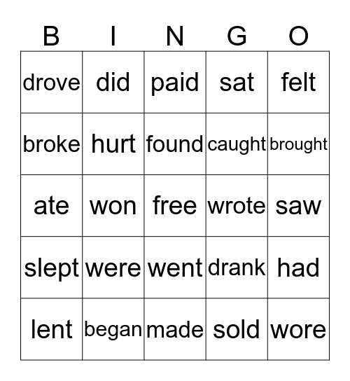 Ireregular Verbs Bingo Card