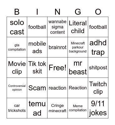 YouTube shorts Bingo Card