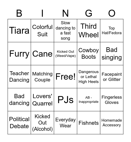 Options Prom 2024 Bingo Card