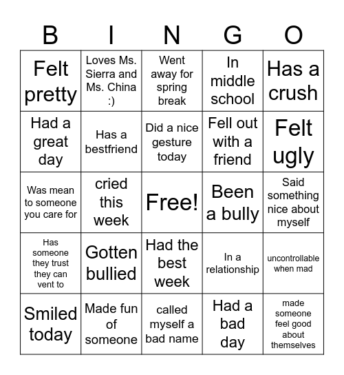 Girl's Group Bingo Card