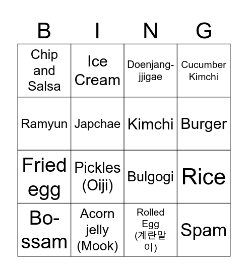 Happy Cleaners Food Bingo Card