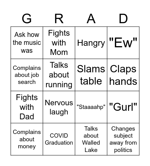 Grant Graduation Bingo Card