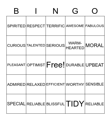 Self Esteem Bingo Card