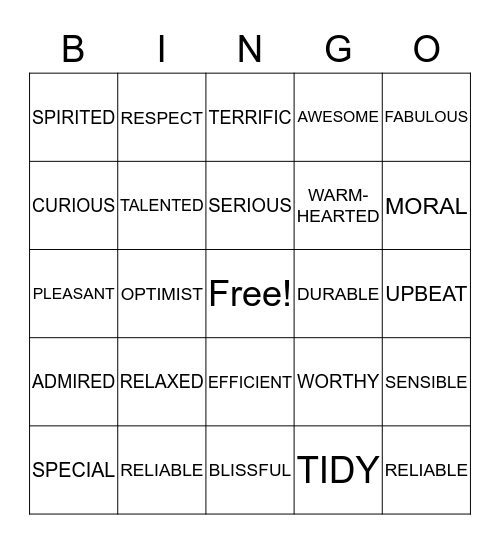 Self Esteem Bingo Card