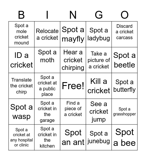 Cricket/Bug Bingo Card