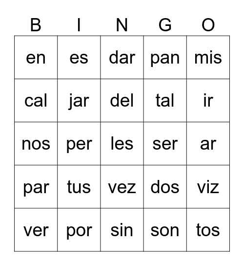 Silabas Cerradas Bingo Card