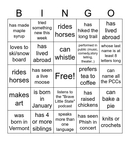 PCC Human Bingo Card