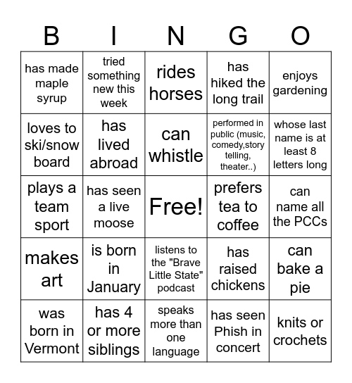 PCC Human Bingo Card