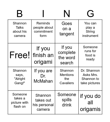 Band Banquet Bing Bingo Card