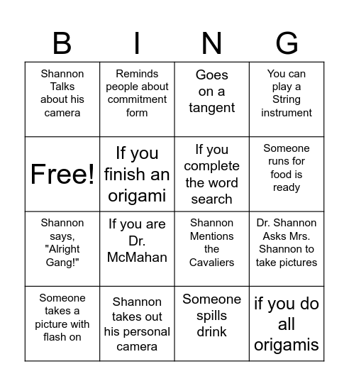 Band Banquet Bing Bingo Card