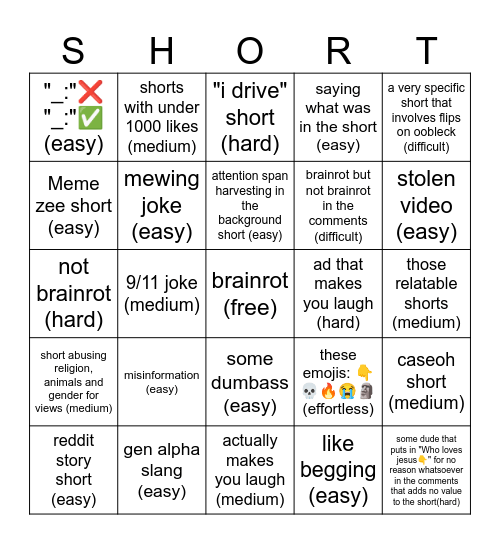 youtube shorts brainrot Bingo Card