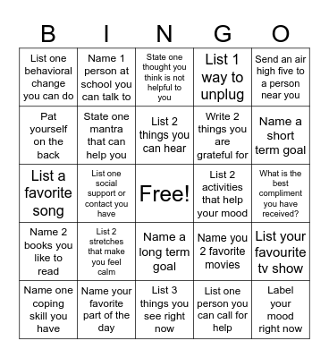 Mental Health Bingo Card