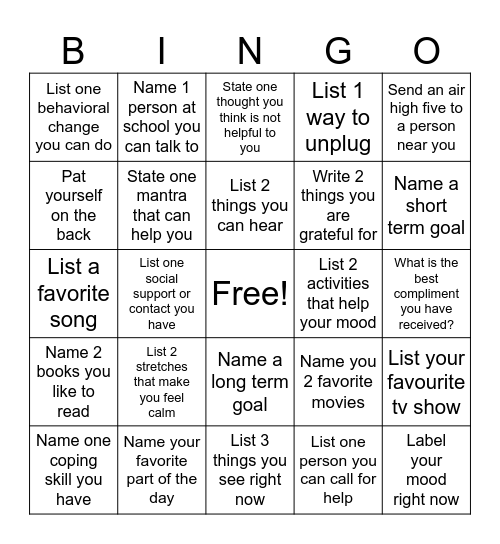 Mental Health Bingo Card