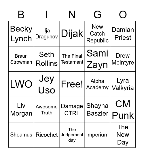 Monday Night Raw Bingo Card