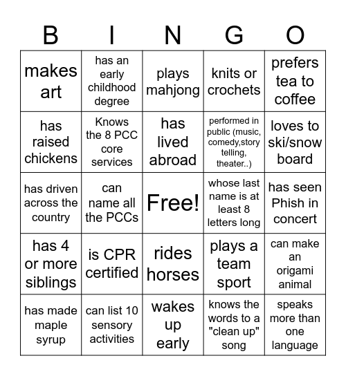 PCC Human Bingo Card