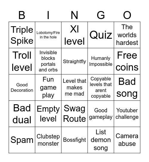 Geometry dash BINGO for the RECENT TAB! Bingo Card