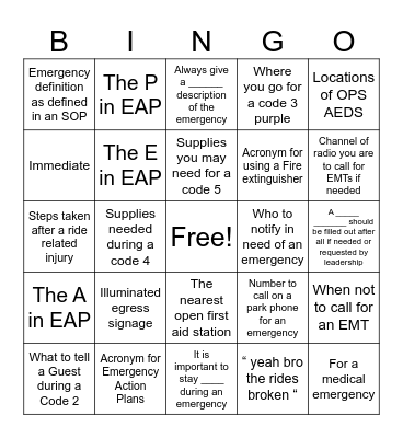 Emergency Action Plan Bingo Card