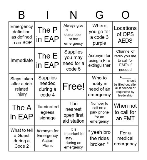 Emergency Action Plan Bingo Card