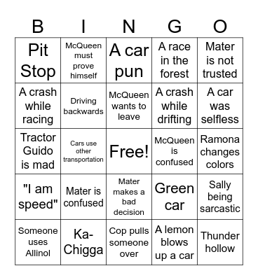 Cars Bingo Card