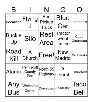 Lambert's Road Trip 2016 Bingo Card