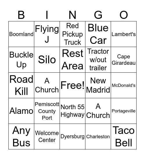 Lambert's Road Trip 2016 Bingo Card