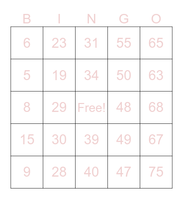 Number Bingo 1-75 Bingo Card