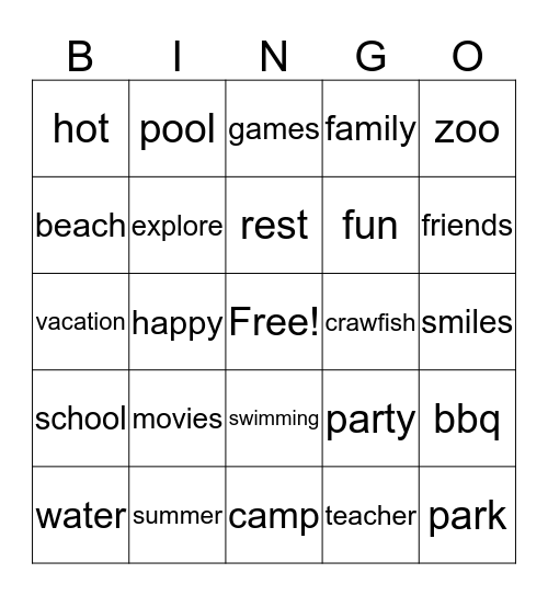 Summer Fun Bingo Card