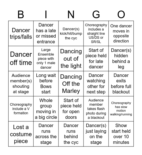 Dance Show Bingo Card