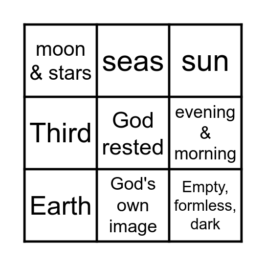 The Days of Creation Bingo Card