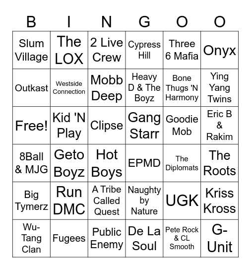 90's/00's RAPPERS/RAP GROUPS Bingo Card