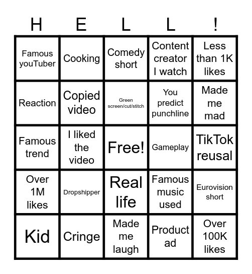 Shorts Bingo Card