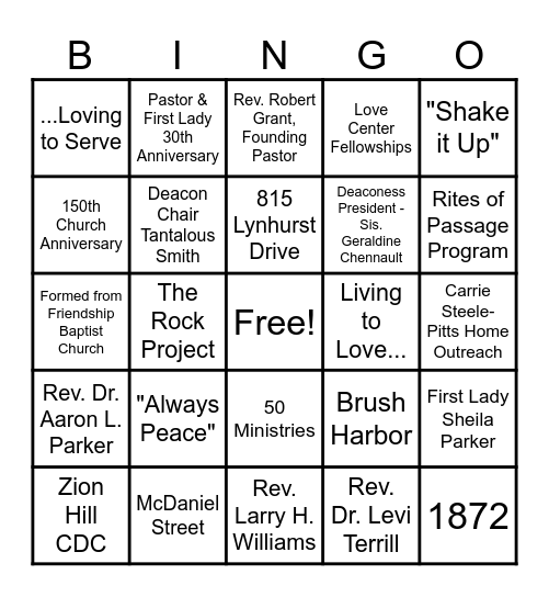 All About Zion Hill Bingo Card