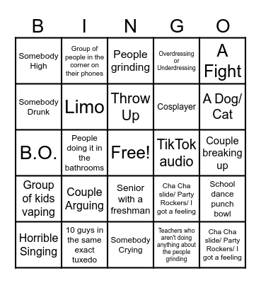 Prom Bingo Card