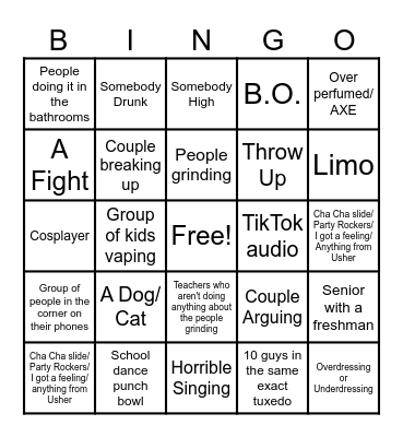 Prom Bingo Card