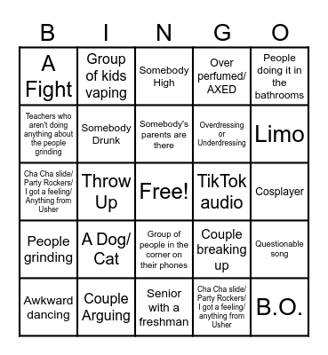 Prom Bingo Card