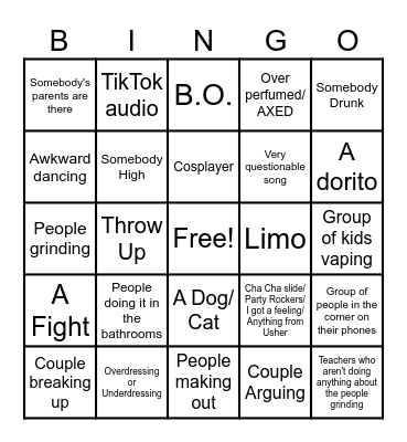 Prom Bingo Card