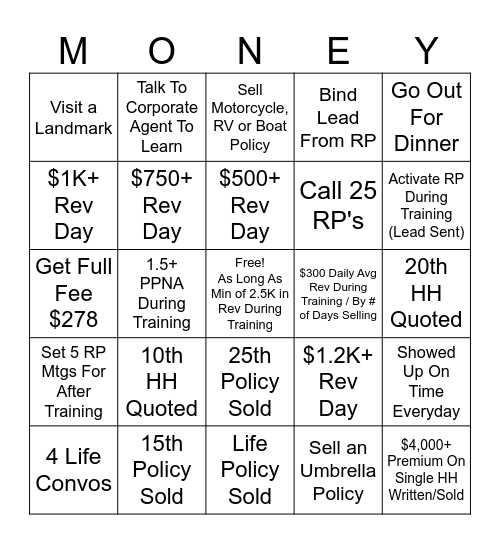 Training Bingo "MONEY" Bingo Card