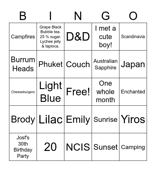 Brody and Emily Bingo Card