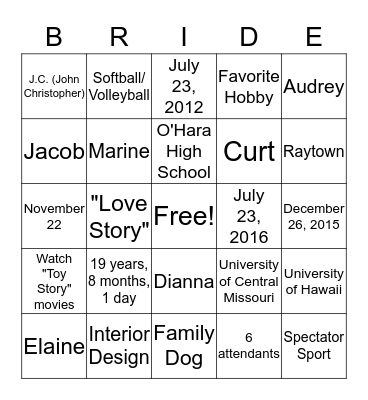 BRIDE Bingo Card