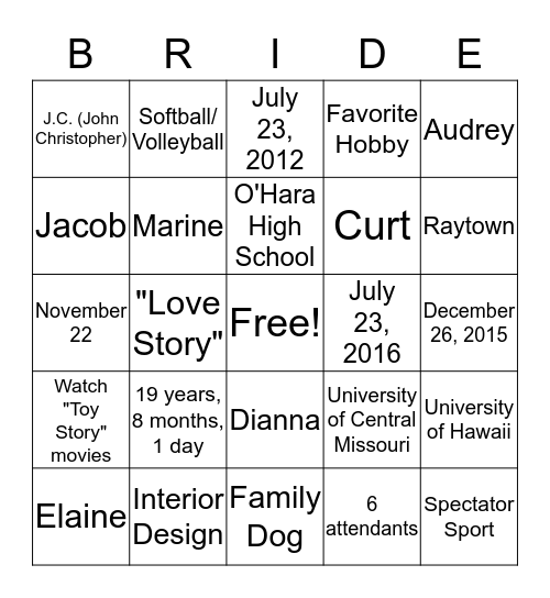 BRIDE Bingo Card