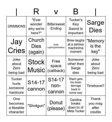 RvB Restoration Bingo Card