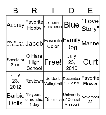 BRIDE Bingo Card