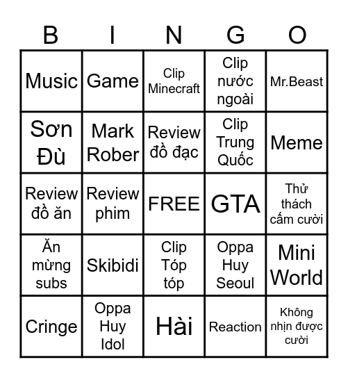 Vietnam Youtube short Bingo Card