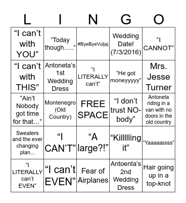 Antoneta's Lingo BINGO Card