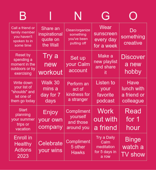 Hawk Wellness Bingo - 2024 Bingo Card