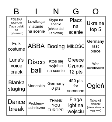 Eurovision 2024 Bingo Card